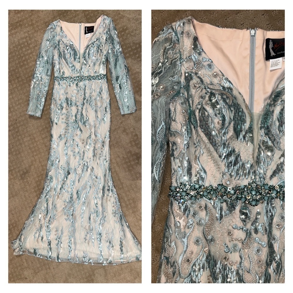 Mac Duggal 79354 NWT EMBELLISHED V NECK ILLUSION LONG SLEEVE GOWN